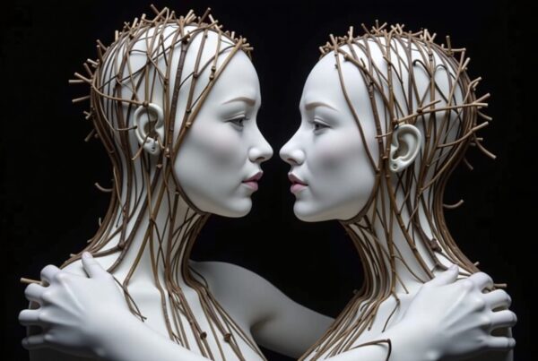 Two identical figures embrace with branches enveloping them.
