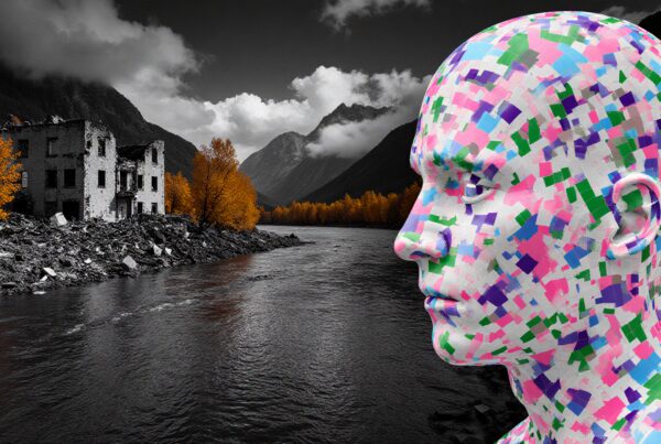 A multicolored abstract figure contrasts with a monochrome mountain landscape.