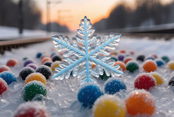 A large ice snowflake surrounded by colorful gumballs on frost-touched ice near railway tracks at sunset.