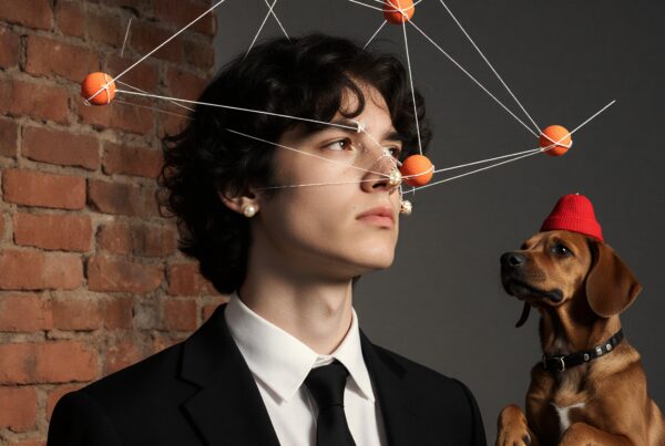 Young person in suit and hat-wearing dog with geometric spheres.