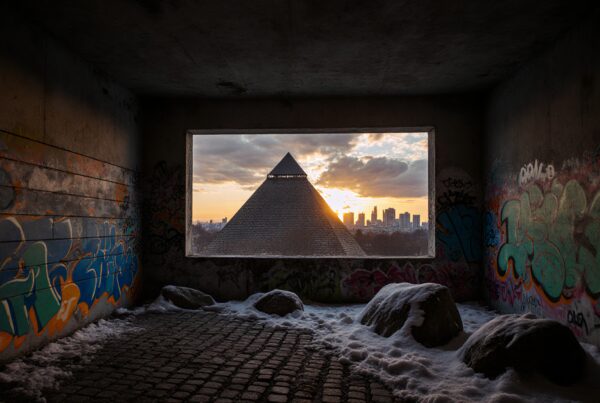 Graffiti-filled tunnel frames a pyramid amidst a city skyline at sunset, combining urban art and architecture.