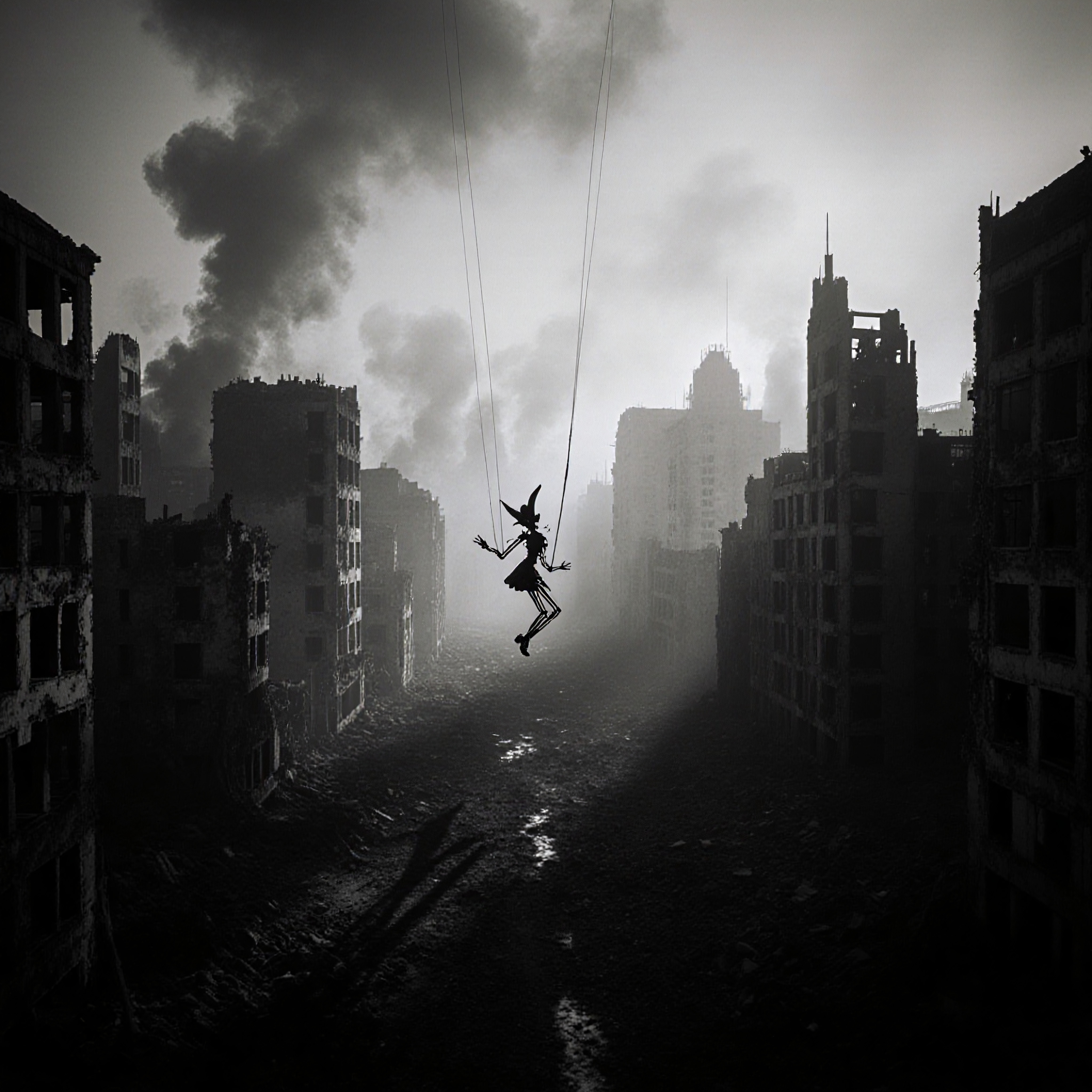 Witch Silhouette in Post-Apocalyptic City Ruins