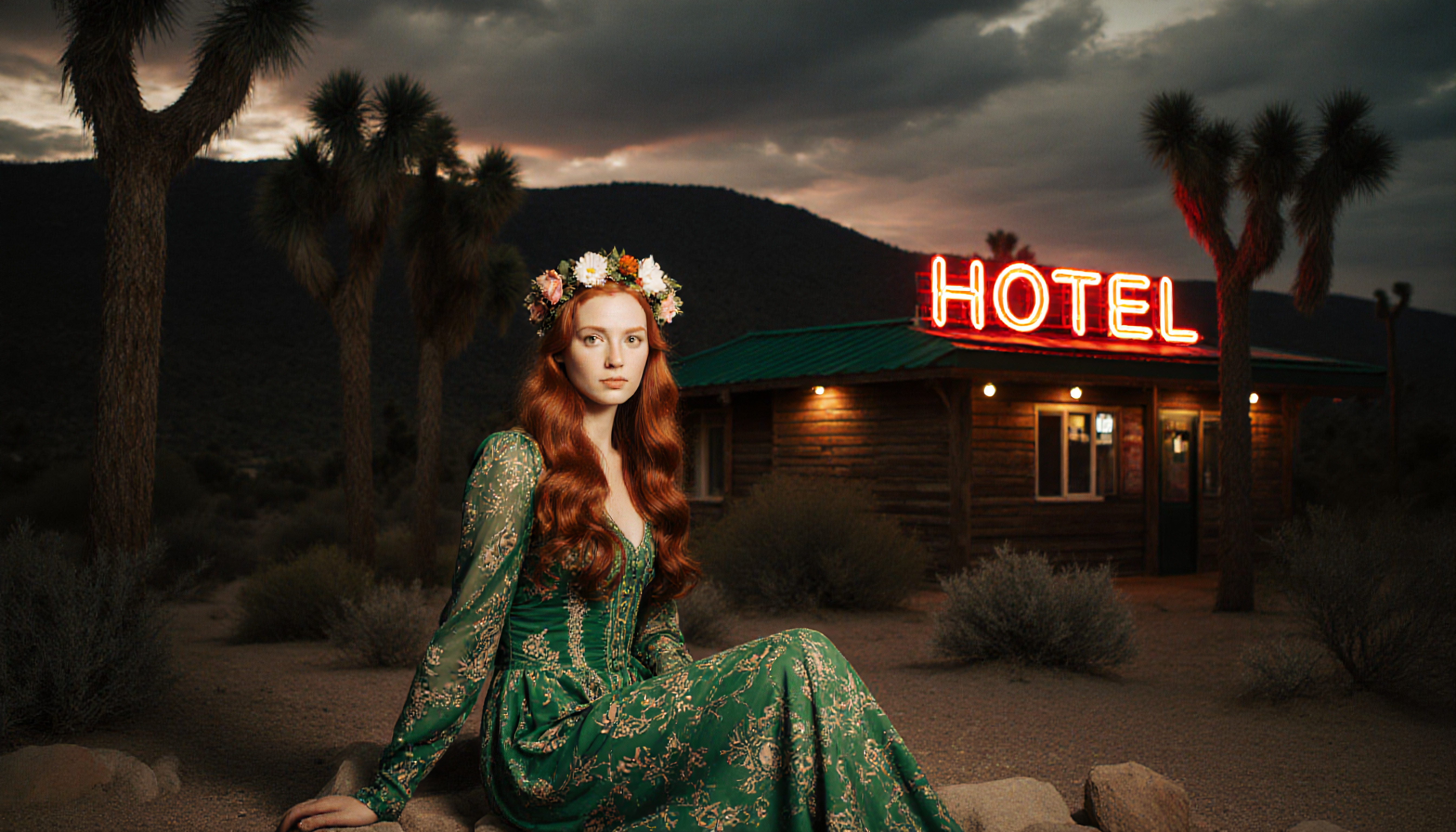 Redhead in Green Floral Dress Before Neon Hotel