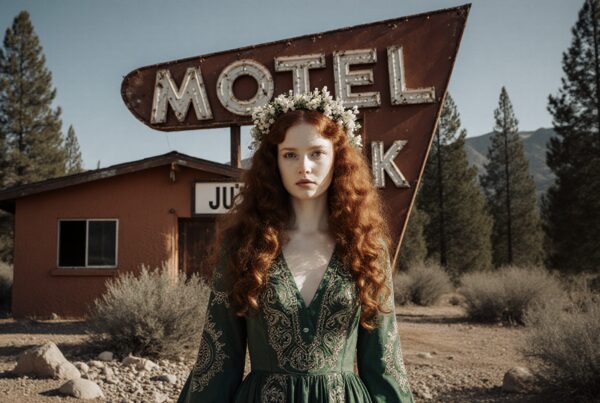 Woman in green dress with floral crown standing in front of vintage motel sign amidst pine trees and mountains.