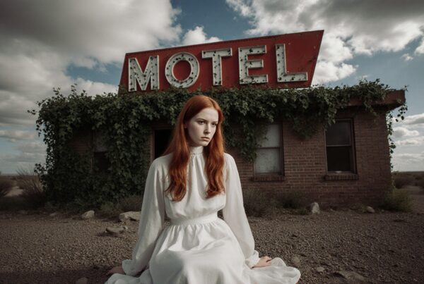 A red-haired woman in white dress sits somberly in front of an ivy-covered abandoned motel.