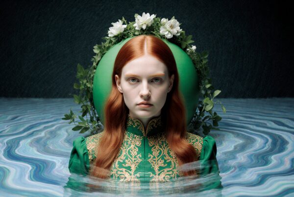 A serene woman with red hair surrounded by water and flowers, wearing a detailed green dress with golden embroidery.