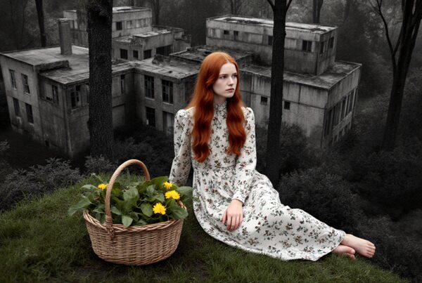 Woman in floral dress sits beside a basket of flowers near an abandoned building in a forest.