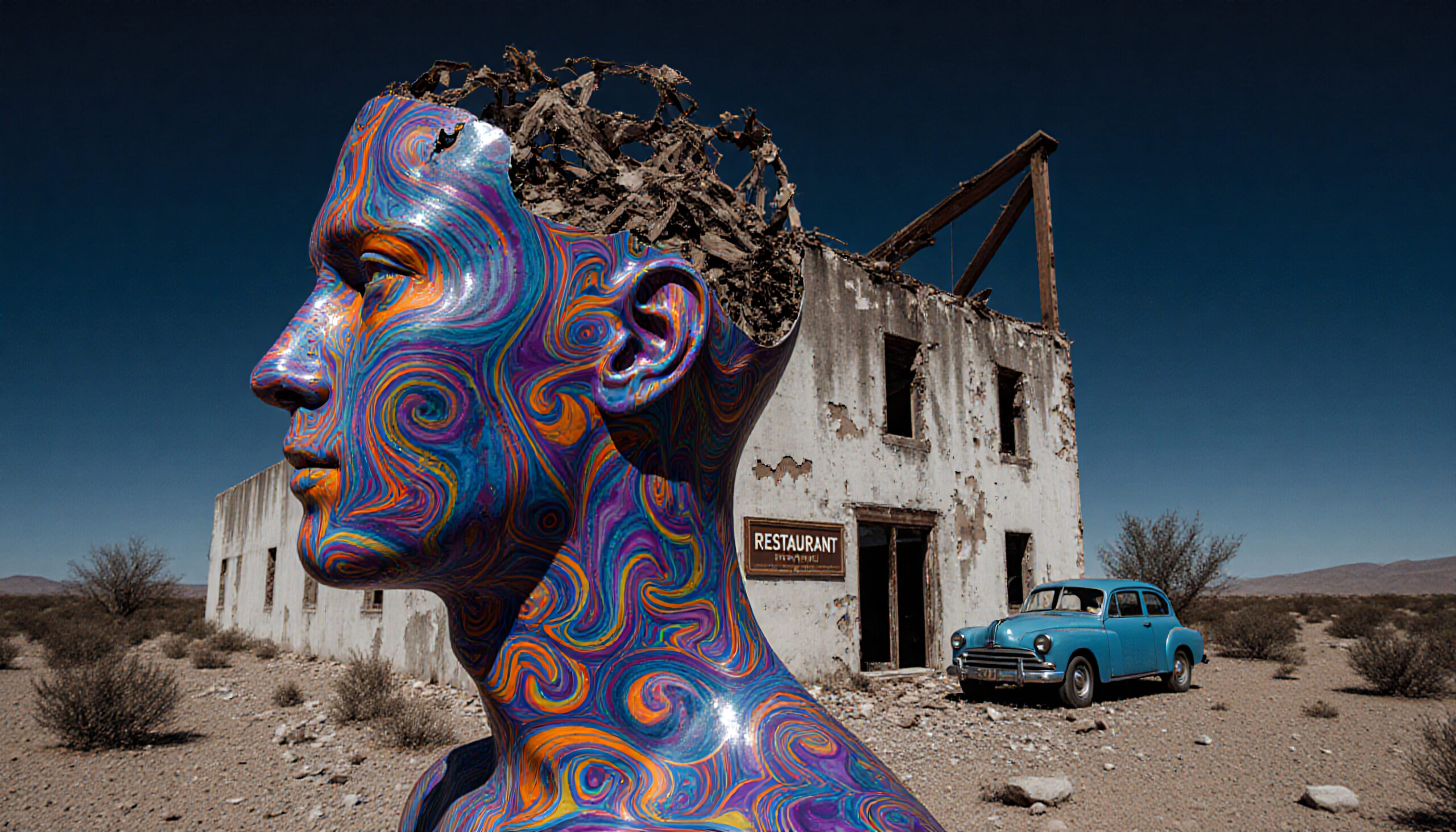 Vibrant Head Against Desert Ruins