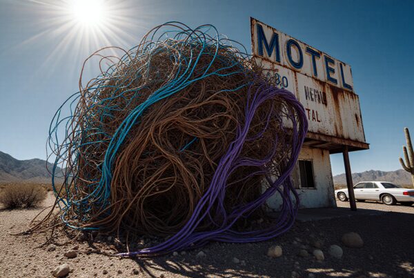 A sunlit desert motel overtaken by a massive tangle of multicolored wires beside a classic car and cactus.