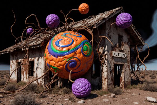 Surreal desert scene with colorful brain-like structures enveloping a worn-out house.
