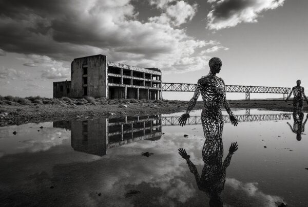 Black and white photo of wireframe sculptures in water reflecting industrial ruins.