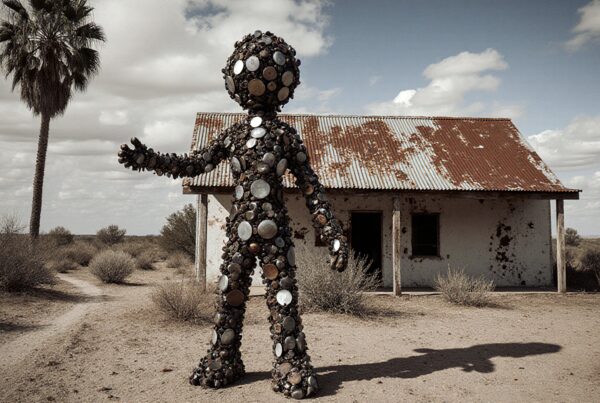 A humanoid figure of reflective discs stands before a weathered desert building under a cloudy sky.