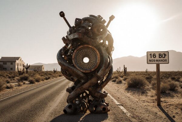 A large robotic sculpture stands on a deserted road under the sun, with a desert landscape and road sign in the background.