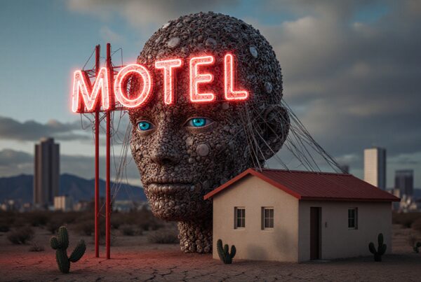 A massive sculpture with a neon motel sign towers over a small desert house, set against an urban skyline.