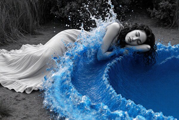 A woman peacefully sleeps beside a vivid blue splash, contrasting with the monochrome background, creating a dreamlike scene with a fusion of water and tranquility.