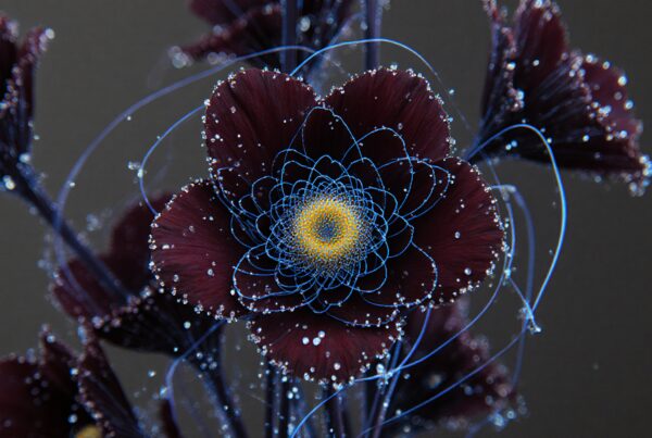 Digital art depicting a flower with maroon petals and blue structural lines.