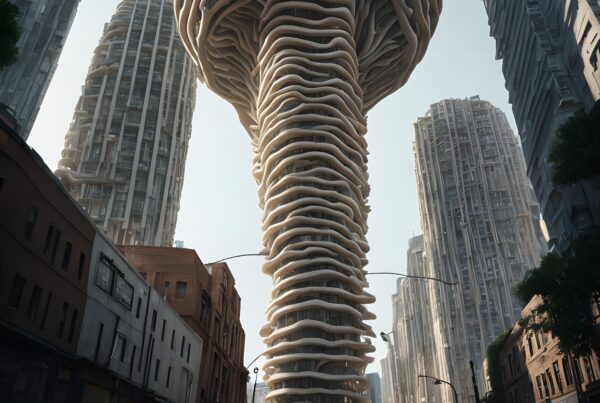 A bustling city street with a towering modern building featuring a swirling architectural design among traditional skyscrapers.