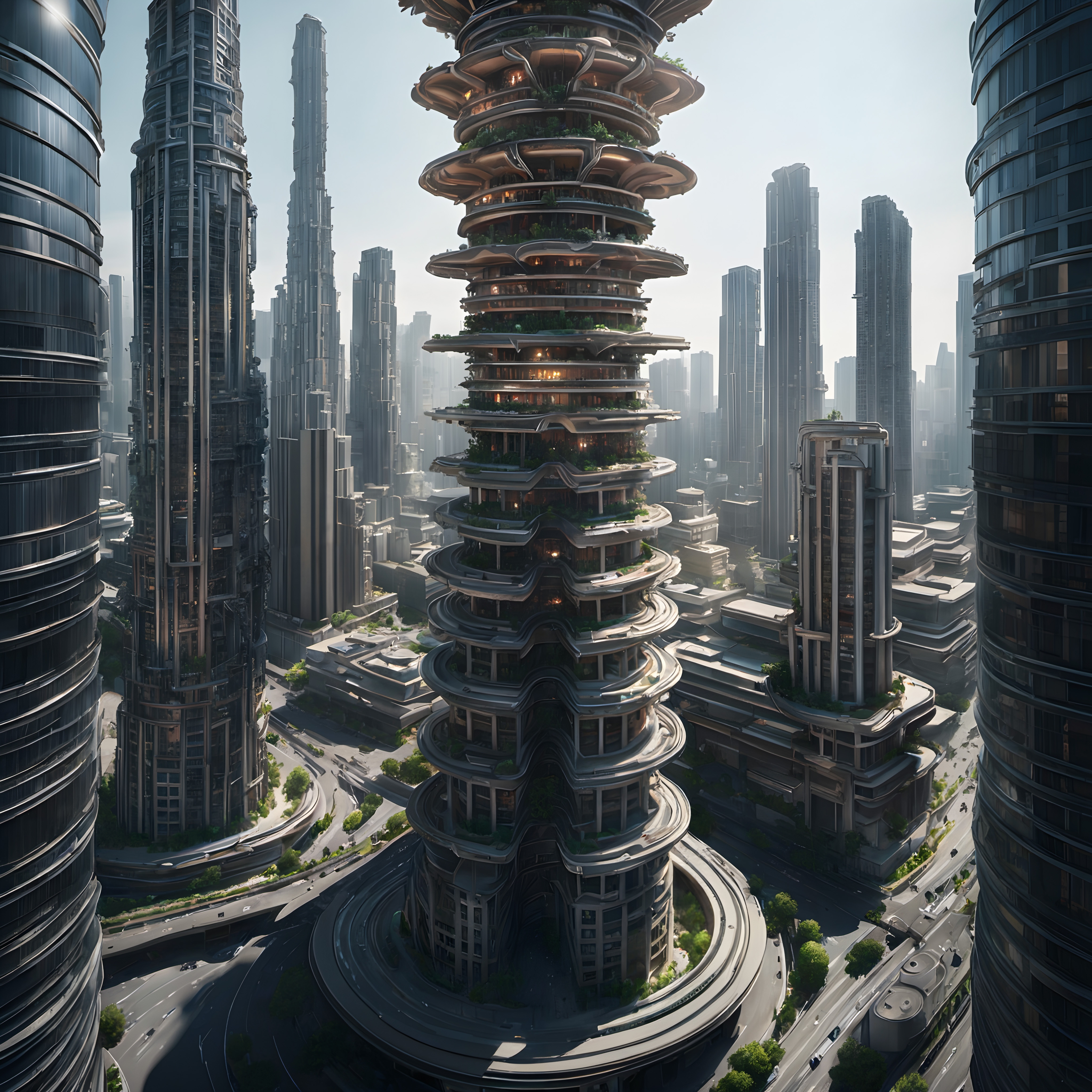 Futuristic Spiral Tower in Modern Cityscape
