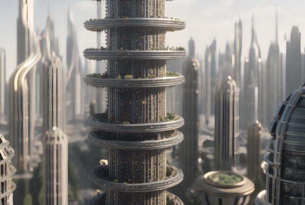 Futuristic cityscape featuring innovative skyscrapers.
