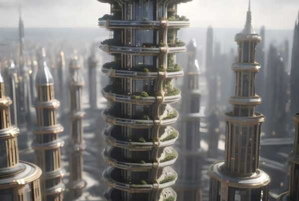 Futuristic skyscraper with greenery integration in a modern cityscape.