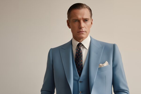 A man in a blue suit with a pocket square, against a neutral background, showcasing elegance and style.
