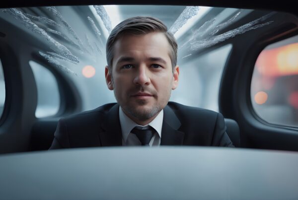 Businessman in a sleek car interior with frost.