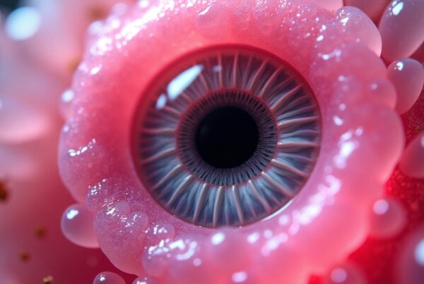 A surreal image of a blue-gray eye encased in translucent pink bubbles with golden specks, creating a dreamlike and mysterious atmosphere.