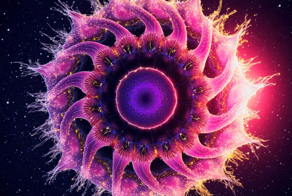 Vivid abstract digital artwork depicting a cosmic jellyfish with vibrant colors against a starry space background.