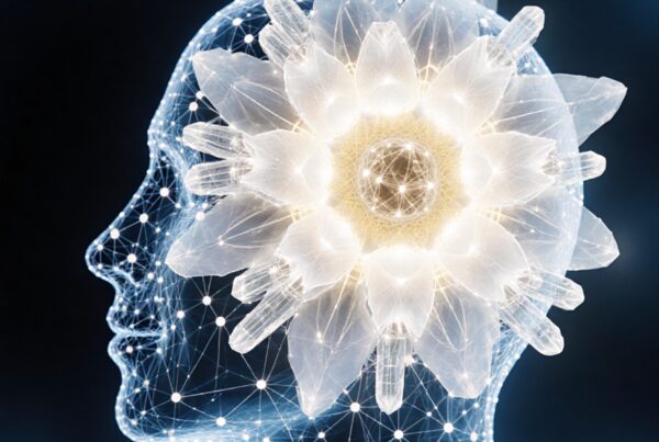 A digital illustration of a human head with a neural network floral structure, symbolizing technology and creativity.