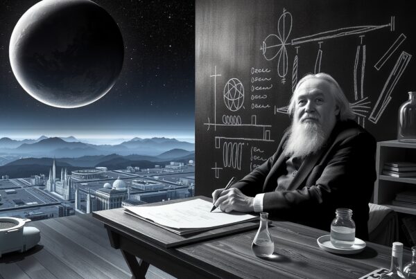 An elderly scholar in a futuristic setting with a planetary backdrop.
