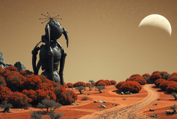 A large ancient robot overlooks a desolate alien landscape under a crescent moon.