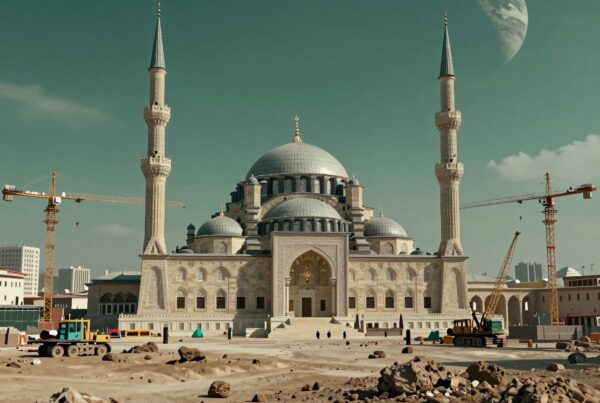 A grand mosque under construction with celestial bodies in the background.