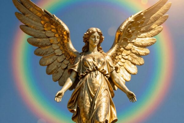A golden angel statue with spread wings and a vivid rainbow in the background, under a bright sky.