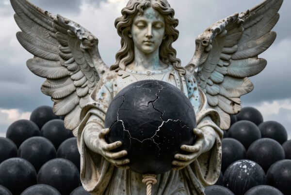 A weathered angel statue holding a cracked black orb, surrounded by black spheres under gray clouds, evoking mystery and symbolism.