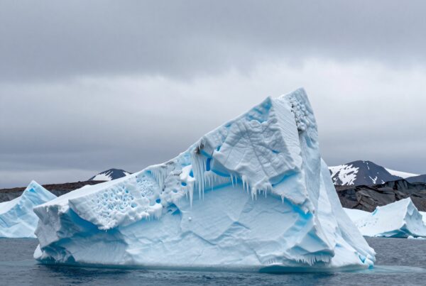 A majestic iceberg floats in an icy ocean under a gray sky.