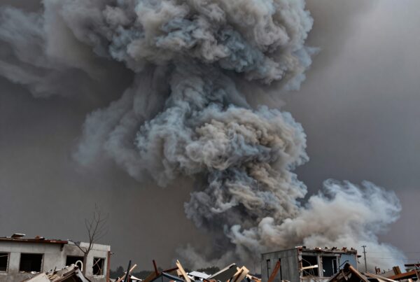 The image shows a white truck in debris surrounded by large smoke clouds after an explosion.