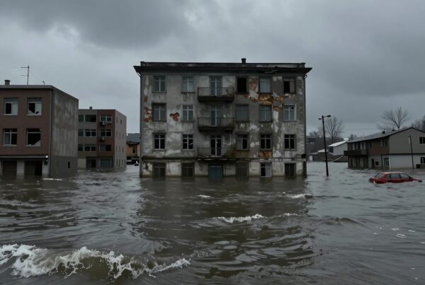 A flooded urban scene showing partially submerged buildings and a red car with an overcast sky, indicating severe weather conditions.