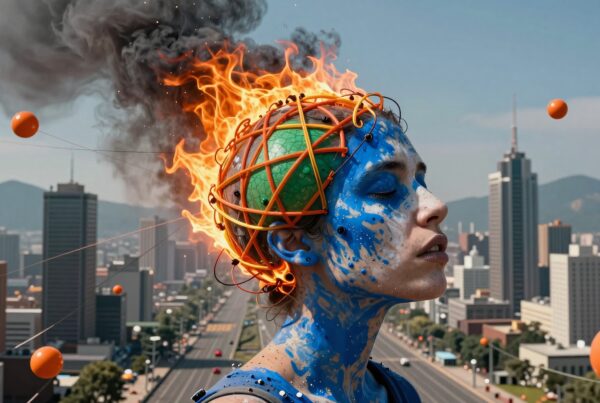 A serene figure with a fiery helmet against a city backdrop, showcasing blue paint, smoke, and orange spheres.
