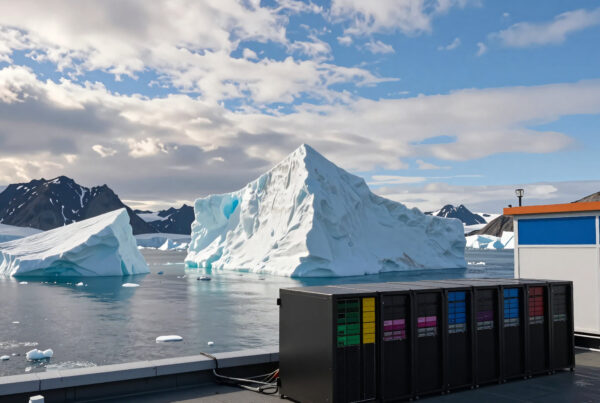 Server racks beside icebergs in Arctic landscape