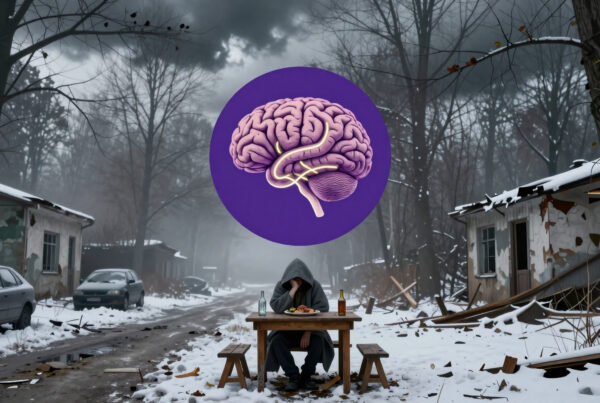 Abandoned snowy street with lone person at table, brain icon mental health concept