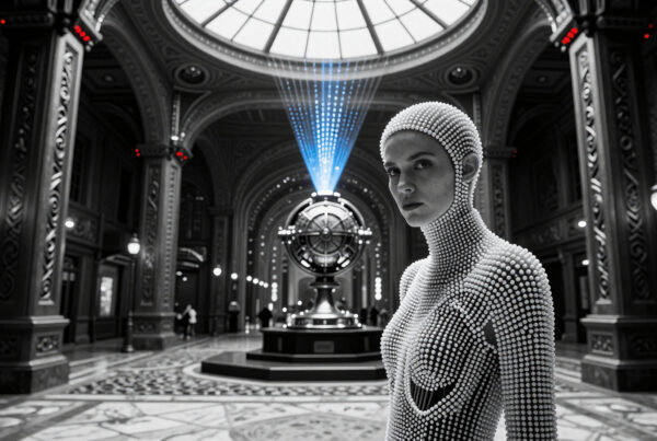Futuristic beaded humanoid statue standing in elegant historic building hallway with blue light beams descending from skylight