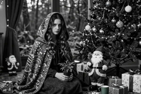 Woman in hooded cloak seated beside decorated Christmas tree with presents and Santa figurine, conveying silent holiday solitude in moody black and white photograph