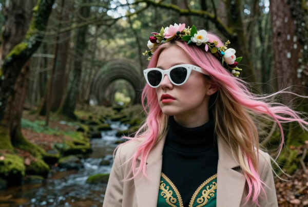 A young woman with striking pink-tipped blonde hair stands serenely in a moss-draped forest, her gaze directed thoughtfully away from the camera.