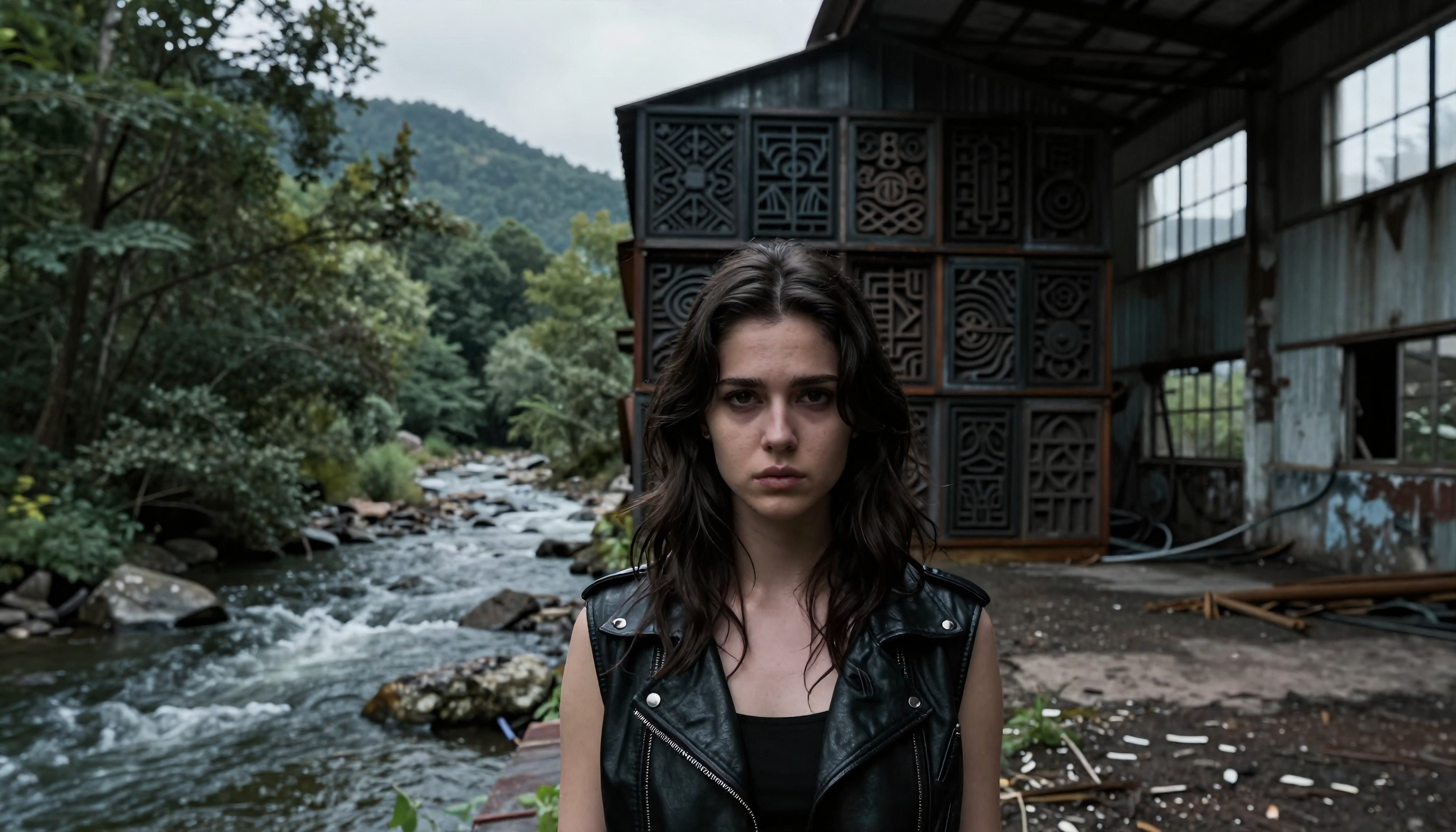 A Woman Amidst Industrial Ruins and Wilderness