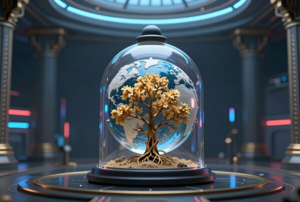A golden tree inside a glass dome with Earth background in a futuristic setting, blending nature and technology.