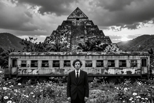Man in suit standing before rusty train car amid wildflowers under cloudy sky near mysterious pyramid-shaped building