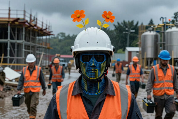 Futuristic construction worker wearing glowing mask and orange vest amidst rain.