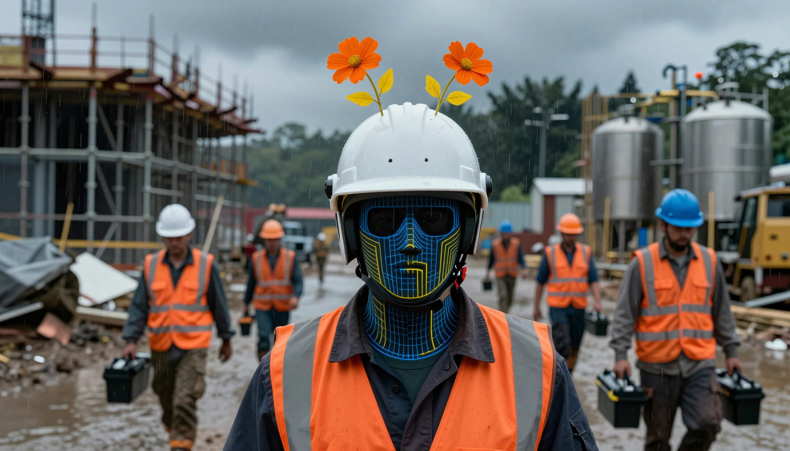 Cybernetic Worker Amid Rain