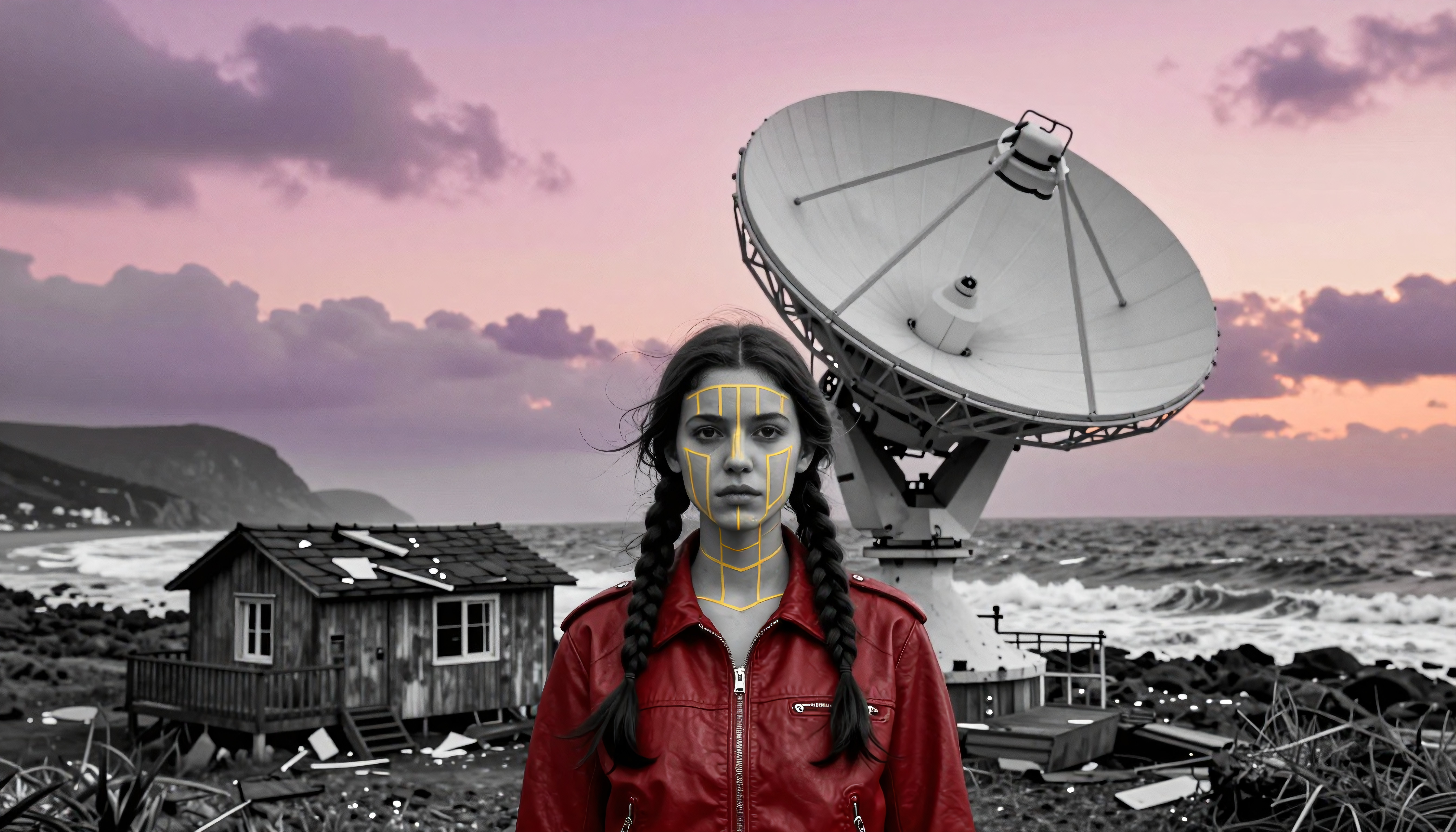 Woman with facial grid lines and satellite dish