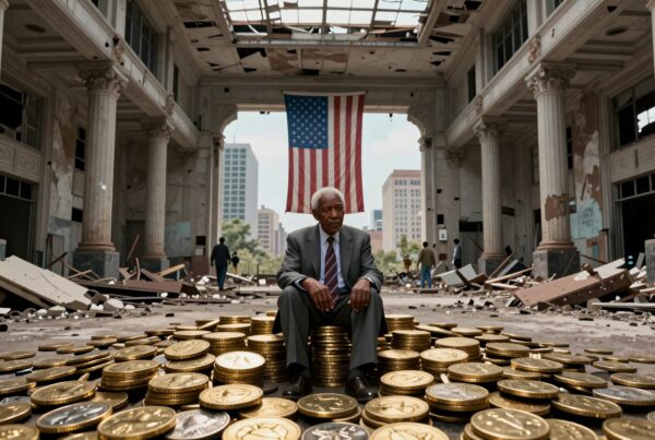 An elderly man surrounded by gold coins in a decaying building with an American flag in the background.